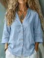 Chemisier en lin ample décontracté à col V et boutons pour femme, haut d'automne. - S / Bleu clair