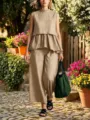 Ensemble deux pièces en lin pour femme haut sans manches à volants et pantalon large - S / Haut Et Bas / Chameau