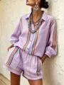 Vue de détail d'un ensemble mode élégant chemise à manches 3/4 et short à rayures. - S / Haut et Bas / Mauve Clair