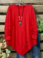Vue detaillee haut femme couleur unie col rond manches longues ourlet asymetrique. - S / Rouge