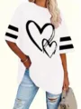 T-shirt femme manches courtes oversize blanc avec imprime coeur noir et variante raye SKU - 1XL / Blanc