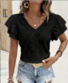 Top en dentelle élégant à col V et manches volantées pour femme t-shirt d'été - S / Hauts / Noir