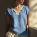 Femme Été Vintage Dentelle Col V Lin Mélange Manches Courtes Élégante Blouse Haut - S / Bleu ciel