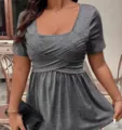 Femme ete manches courtes couleur unie col carre brides croisees t-shirt casual haut - S / Gris foncé