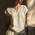 Blouse femme col V dentelle crochet mélange lin manches courtes détail haut élégant été - S / Abricot
