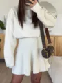 Beige knit sweater and skirt set, elegant long sleeve two piece outfit for women autumn winter. - S / Top And Bottom / White