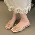 French sweet lace bow open toe kitten heel sandals for women summer fairy style shoes - 35 / Apricot
