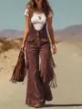 Vintage western style suede fringe wide leg overall pants for women casual street style - S / Burgundy