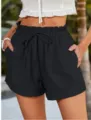 Femme taille haute casual short été couleur unie cordon serrage amical mode vêtements - S / Noir