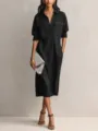 Élégante robe chemise noire en lin, robe midi décontractée boutonnée avec poches pour femmes. - S / Noir