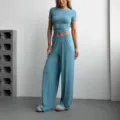 Femme Tricot Haut Manches Courtes Et Pantalon Large Ensemble Casual Deux Pieces Set - S / Haut et Bas / Bleu ciel