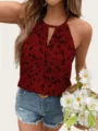 Women halter neck abstract print sleeveless top detail view showing key design features. - Dark Red