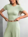 Casual women's knit short sleeve t-shirt and pants two-piece set, comfortable daily wear. - Light Green