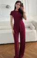 Women knit short sleeve t-shirt pants set maroon casual two piece loungewear variant - Dark Red