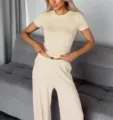 Women Knit Short Sleeve T-Shirt and Pants Casual Two Piece Loungewear Set Beige Top - Apricot