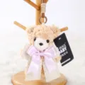 Cute plush bear keychain pendant with pink bow, fluffy stuffed animal bag charm for women and kids - Bella Bear Pendant - Light Brown - Purple