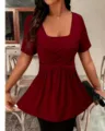 Femme Été Encolure Carrée Croisée Devant Manches Courtes Top Peplum T-Shirt Chic - S / Bordeaux