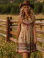 Robe longue bohème western vintage sans manches imprimé pour femme été chic style ethnique - S / Abricot