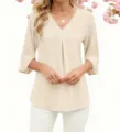 Blouse unie en mousseline col V avec manches 3/4 fendues, haut élégant pour femme de travail. - S / Abricot