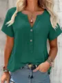 2025 Été Manches Courtes Col V Chemisier Casual Ample Mode Femme Coton Lin Top Tendance - S / Vert malachite