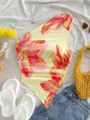 Haut d'ete sexy pour femme a imprime floral asymetrique, haut de plage elegant sans bretelles. - XS / Rouge