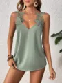 Top Camisole Sans Manches Vert Col V pour Femme Elegant Bordure en Dentelle Mode Ete - S / Vert clair