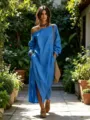 Robe longue femme lin ample une épaule fendue, tenue décontractée élégante bleue. - S / Bleu