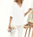 Femme unicolore blanc col V manches trois quarts chemisier mousseline haut decontracte - S / Blanc
