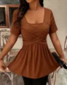 Women's brown square neck short sleeve top with stylish cross strap and peplum hem. - Dark Brown
