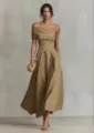 Belle robe longue élégante asymétrique unie cintrée à la taille pour femme en khaki. - S / Robes / Kaki