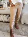 Khaki casual pants for women, solid color elastic waist cuffed trousers with pockets. - M / Khaki