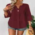 Femme Été 3/4 Manche Col V Bouton Couleur Unie Casual Ample Blouse Bordeaux Haut Élégant - S / Bordeaux