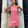 Pink halter linen dress, sexy backless summer A-line dress for women, casual hot girl outfit. - Pink