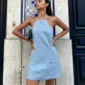 Light blue halter mini dress, sexy backless sleeveless cotton linen summer A-line dress - Sky Blue