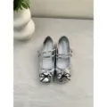 Silver Mary Jane shoes with double straps, dual bows and glossy finish for women spring. - 36 / Silver