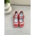 Red plaid Mary Jane shoes with double straps and sweet bows for women daily style - 36 / Red