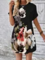 Robe Courte Noire Femme Imprimé Floral Manches Courtes Été Plage Robe Trapèze Casual - 1XL / Noir