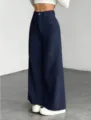 High waist corduroy wide leg pants in dark blue, comfortable casual trousers for women. - M / Navy Blue
