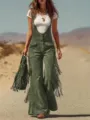 2026 New Western Vintage Suede Fringe Wide Leg Pocket Bib Trousers for Women Casual Wear - S / Army Green