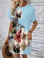 Robe femme décontractée imprimé floral manches courtes été vintage trapèze bleu - 1XL / Bleu ciel