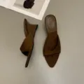 Women's brown pointed toe wedge mules, elegant french style suede slide sandals for summer. - 35 / Brown