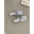 Silver ruched flat toe-clip thong sandals, stylish summer beach footwear shown top-down. - 35 / Silver