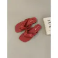 Red Flat Thong Sandals, Stylish Pleated Strap Square Toe Beach Flip-Flops for Women - 35 / Red