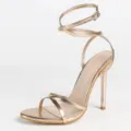 Sandales à talons hauts métalliques champagne avec brides, stiletto élégant vue détaillée. - 35 / Champagne
