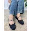 Women black Mary Jane flats with rhinestone strap and cute bow, elegant daily footwear style. - 35 / Black