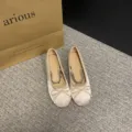 Beige satin ballet mary jane shoes with bow and rhinestones chunky heel women single shoes - 35 / Pink