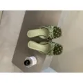 Green polka dot satin bow square toe kitten heel mules, elegant women summer slide shoes. - 35 / Green