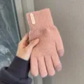 Women winter warm touchscreen knitted gloves fleece lined thick windproof thermal pink mittens - Vertical Label Split Finger / Pink