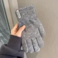 Winter warm knit gloves for women and men, thick fleece lined touch screen cozy thermal mittens. - Vertical Label Split Finger / Gray