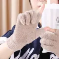 Detailed view of winter knitted touchscreen half-finger gloves in cozy plush material. - Two-Finger Exposed Split / Khaki
